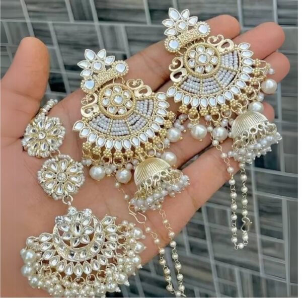 WHITE TRANDING EARRINGS MAANGTIKKA COMBO PACK FOR WOMEN Beads Brass Chandbali Earring